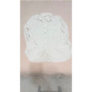 MNG Mango Women's White Linen Blend Button Up Shirt Sz L (US 8) Chest Pocket
